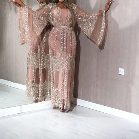 2025 Abaya Dubai Muslim Luxury Dress High Class Embroidery Lace Sequins Ramadan Kaftan Isla African Clothes 2 Piece Set