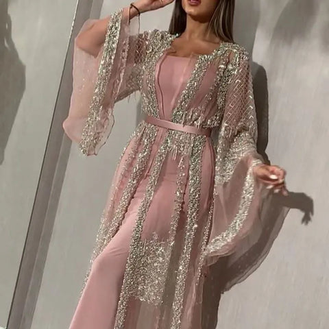 2025 Abaya Dubai Muslim Luxury Dress High Class Embroidery Lace Sequins Ramadan Kaftan Isla African Clothes 2 Piece Set