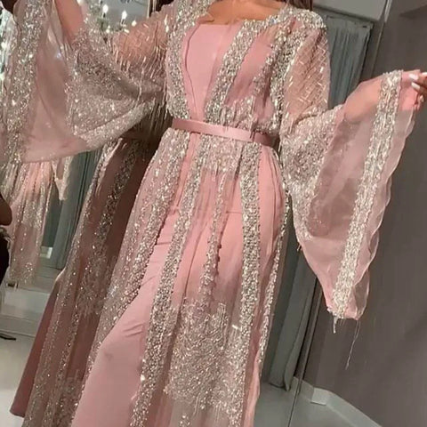 2025 Abaya Dubai Muslim Luxury Dress High Class Embroidery Lace Sequins Ramadan Kaftan Isla African Clothes 2 Piece Set