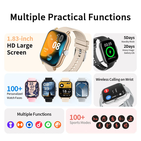 2025 New Smartwatch 1.83‘‘HD Screen with Wireless Call Sport Fitness Tracker Music Control Sedentary Reminder for Men Women Gift