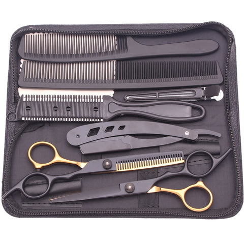 Hair Scissors JP Stainless Hairdressing Scissors 6" Haircut Set Black Thinning Shears Salon Haircut Scissors Razor Combs C1001