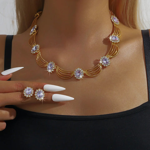 Women's Gold Plated Red Crystal Jewelry Set - Necklace and Earrings for Wedding Party Formal Event Prom Cocktail Accessories