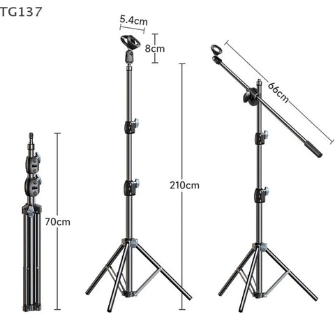 Microphone Boom Tripod Stand Mic Tripod Bracket 66CM Crossbar Arms With Clip And Phone Holder 1.7/2.1M