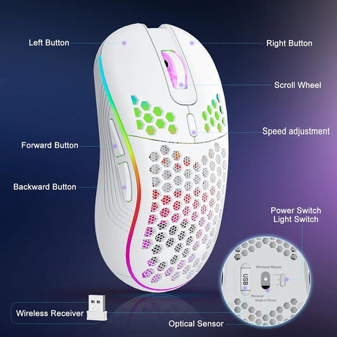 RGB 2.4G Wireless Gaming Mouse RGB Lighting Charging Mouse with Adjustable DPI Ergonomic Honeycomb Design for Desktop Laptop