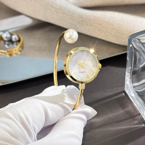 Minimalist Women Pearl Bracelet Watch Rhinestone Small Dial Quartz Wristwatch Luxury Design Elegant Ladies Clock Gifts