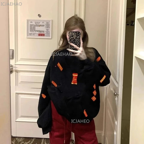 2026 Family Matching Hoodies for Mom and Kids Father and Son Plush Fleece with 3D Embroidery Round Neck Sweatshirts New Year
