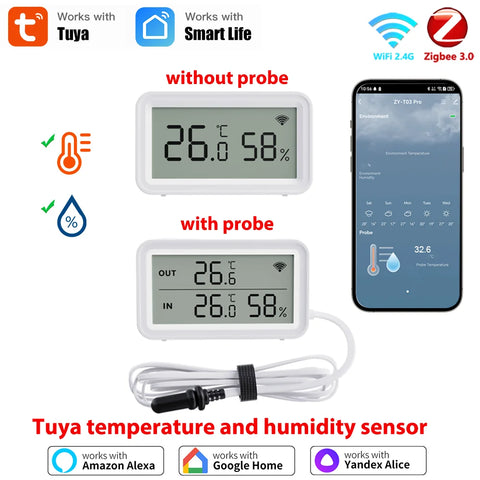 Tuya Zigbee WiFi Temperature Humidity Sensor with External Probe Thermometer Hygrometer APP Remote Control Workwith SmartLife