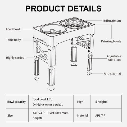 3 In 1 Pet Feeder Slow Feed Bowls Double Bowls Foldable With 5 Adjustable Height Suitable For Pets Of Different Heights