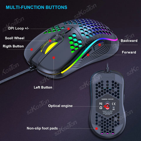 USB Wired Gaming Mouse with RGB Backlight 6 Levels 7200DPI Adjustable Ergonomic Design Mice for Office Laptop PC Computer Gamer