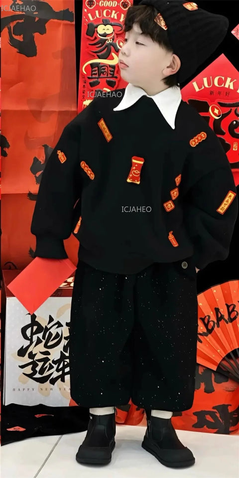 2026 Family Matching Hoodies for Mom and Kids Father and Son Plush Fleece with 3D Embroidery Round Neck Sweatshirts New Year
