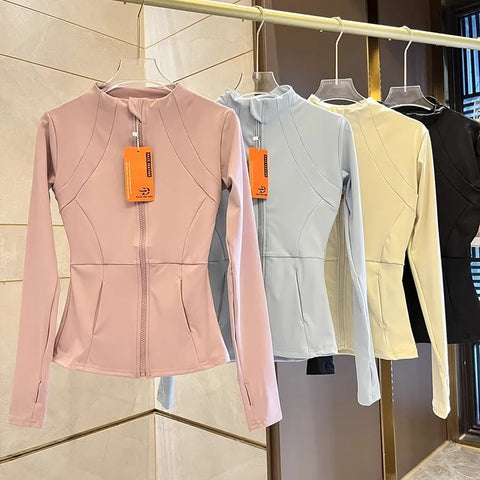 Women's Slim Fit Long Sleeve Sports Jacket Zip Fitness Yoga Workout Jacket Slim Tight Gym ActiveWear Top Running Jacket