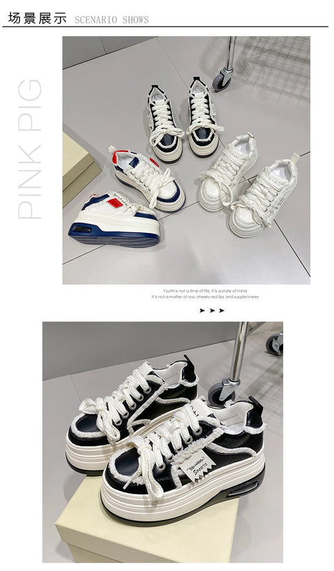 Fashion Chunky Sneakers Women Autumn Lace Up Platform Sports Shoes 8CM Thick Bottom High Heels Female Leather Sneakers Woman