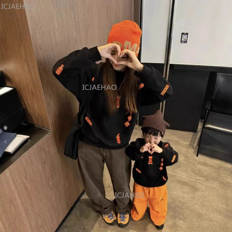 2026 Family Matching Hoodies for Mom and Kids Father and Son Plush Fleece with 3D Embroidery Round Neck Sweatshirts New Year