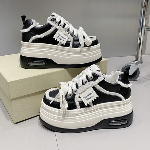 Fashion Chunky Sneakers Women Autumn Lace Up Platform Sports Shoes 8CM Thick Bottom High Heels Female Leather Sneakers Woman