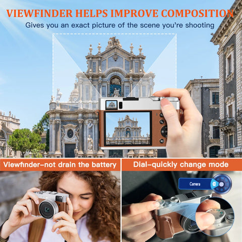 4K Digital Camera Auto Focus 48MP Vlogging Camera for YouTube and Anti-Shake Video Camera with Viewfinder Flash & Dial (Brown)