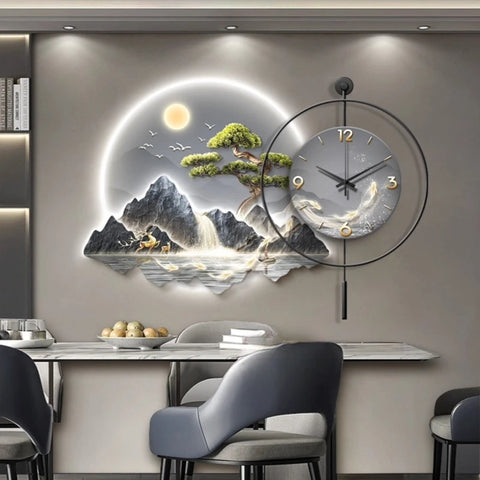 2026 New Model Landscape Murals Wall Clocks Fashion Nordic Living Room Digital Clock Villa Mute LED Wall Clock Home Decor