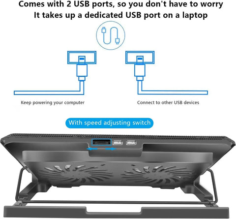 Laptop Cooling Pad 2 quiet fans with LEDs, 2 USB Ports. 5 level height, Speed Control Laptop Cooler