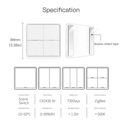 MOES 4 Gang Tuya ZigBee Wireless 12 Scene Switch Push Button Controller Battery Powered Automation Scenario for Tuya Devices