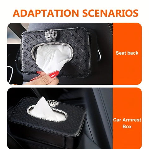 1Bling Rhinestone Crown Car Tissue Box - Headrest Hanging Design, Lady's Creative Tissue Holder, Auto Interior Storage Accessory