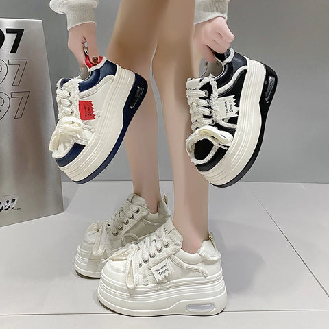 Fashion Chunky Sneakers Women Autumn Lace Up Platform Sports Shoes 8CM Thick Bottom High Heels Female Leather Sneakers Woman