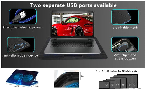 Laptop Cooling Pad 2 quiet fans with LEDs, 2 USB Ports. 5 level height, Speed Control Laptop Cooler