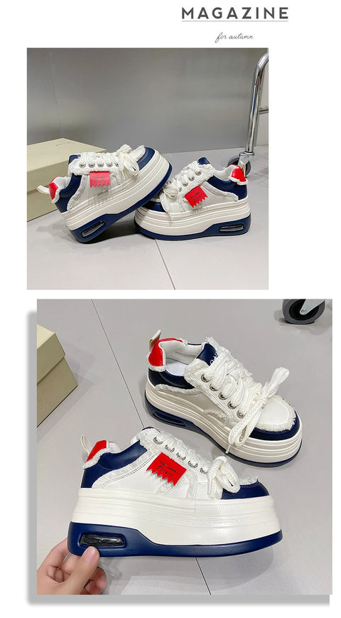 Fashion Chunky Sneakers Women Autumn Lace Up Platform Sports Shoes 8CM Thick Bottom High Heels Female Leather Sneakers Woman