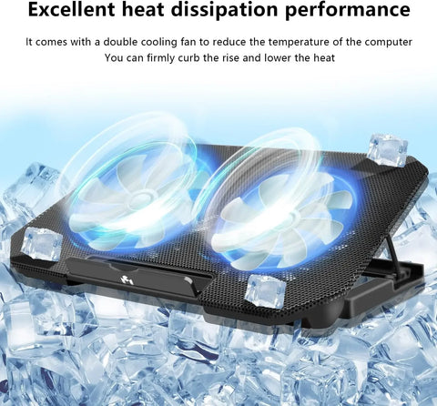Laptop Cooling Pad 2 quiet fans with LEDs, 2 USB Ports. 5 level height, Speed Control Laptop Cooler