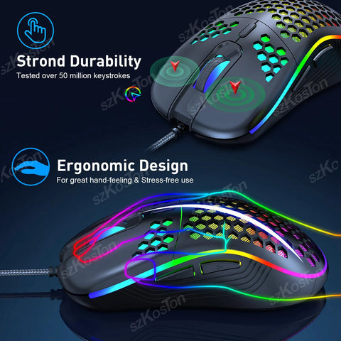 USB Wired Gaming Mouse with RGB Backlight 6 Levels 7200DPI Adjustable Ergonomic Design Mice for Office Laptop PC Computer Gamer