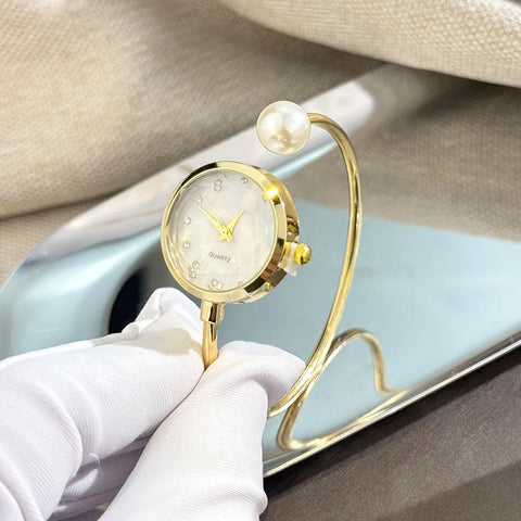 Minimalist Women Pearl Bracelet Watch Rhinestone Small Dial Quartz Wristwatch Luxury Design Elegant Ladies Clock Gifts