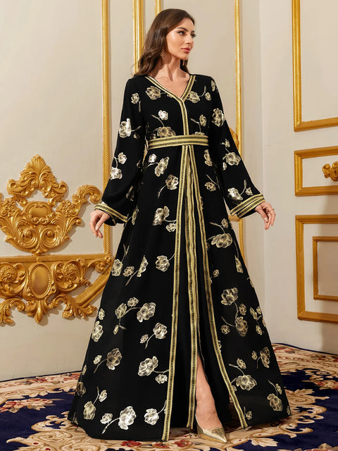 Abayas for Women Muslim Moroccan Floral Maxi Kaftan Dress Arabic Islamic Dubai Robe Ramadan Prayer Clothes