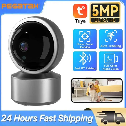 Tuya Smart 5MP WiFi Indoor Security Camera Baby Monitor, IR Night Vision, 355° PTZ Auto Tracking, Two-Way Audio IP Camera