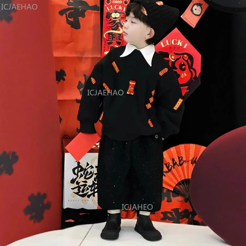 2026 Family Matching Hoodies for Mom and Kids Father and Son Plush Fleece with 3D Embroidery Round Neck Sweatshirts New Year