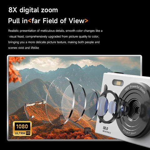Digital Camera with Flash Light Dual Cam  50MEGA Hd Pixels 2.4in Screen Retro CCD Portable 4K Travel Cam Entry-level Photograph