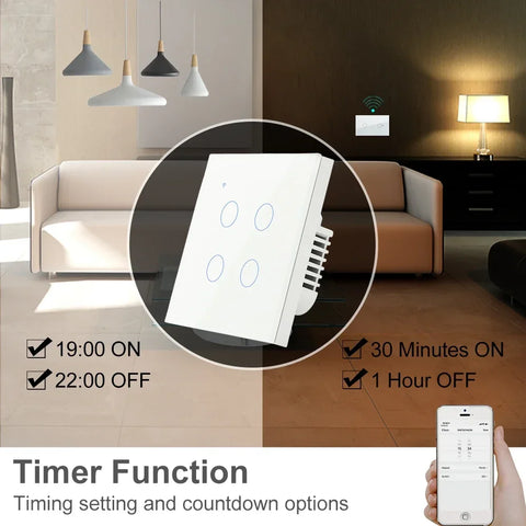 Tuya WiFi Smart On Off Light Switch 220V Power Button Wall Touch Alexa Google Home Voice With Without No Neutral Wire EU Two Way