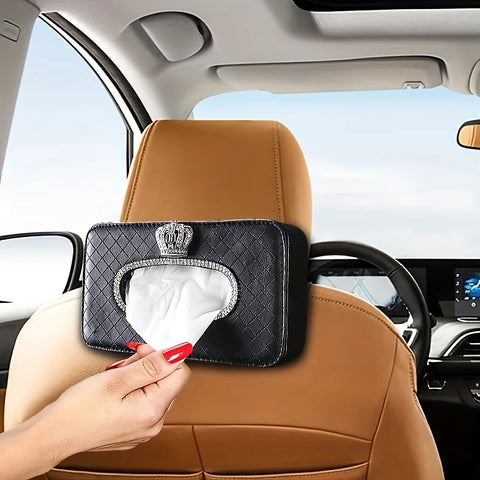1Bling Rhinestone Crown Car Tissue Box - Headrest Hanging Design, Lady's Creative Tissue Holder, Auto Interior Storage Accessory