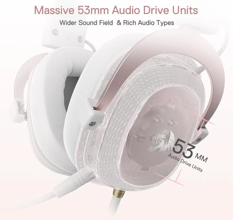 Redragon H510 Zeus White Wired Gaming Headset - 7.1 Surround Sound Memory Foam Ear Pads 53MM Drivers