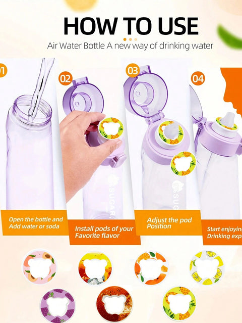 1pc Air Water Bottle With 1pc Random Flavor Pod Sports Fashion Straw Plastic Cup Leak Proof for Outdoor Sports Fitness