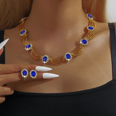 Women's Gold Plated Red Crystal Jewelry Set - Necklace and Earrings for Wedding Party Formal Event Prom Cocktail Accessories