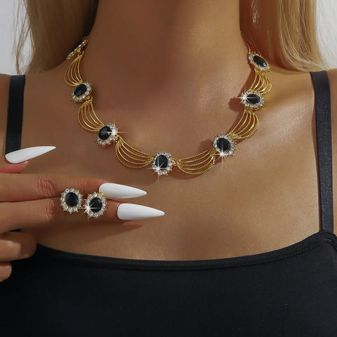 Women's Gold Plated Red Crystal Jewelry Set - Necklace and Earrings for Wedding Party Formal Event Prom Cocktail Accessories