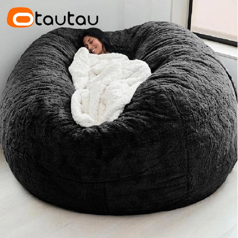OTAUTAU 5ft Giant Fluffy Faux Bunny Fur Bean Bag Cover Winter Christmas Pouf Cover DD003【No Filler!Need uy Filler By Yourself!】