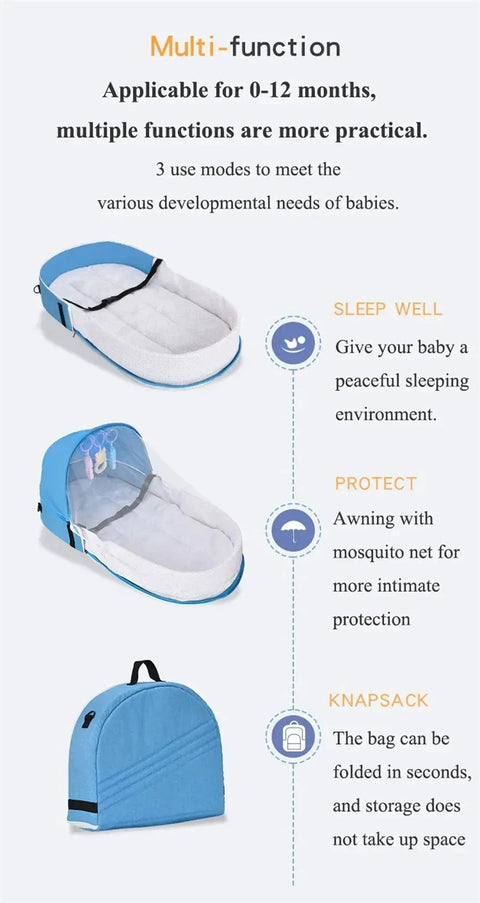 Baby Bed Crib Convenient Folding Anti-crush Middle Bed with Mosquito Net Comfortable Mattress Travel Crib for Newborn Camping