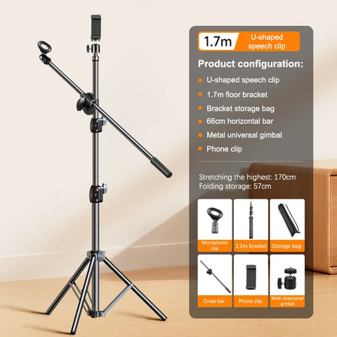 Microphone Boom Tripod Stand Mic Tripod Bracket 66CM Crossbar Arms With Clip And Phone Holder 1.7/2.1M