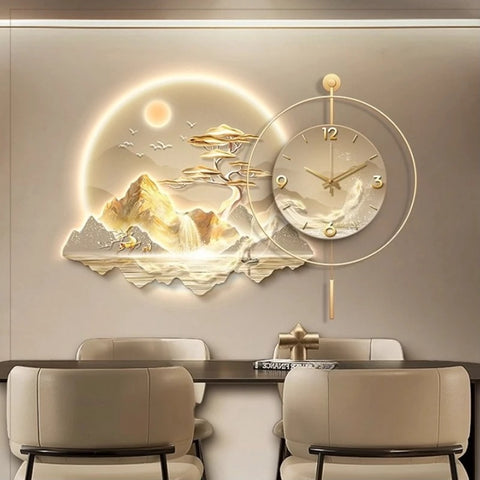 2026 New Model Landscape Murals Wall Clocks Fashion Nordic Living Room Digital Clock Villa Mute LED Wall Clock Home Decor