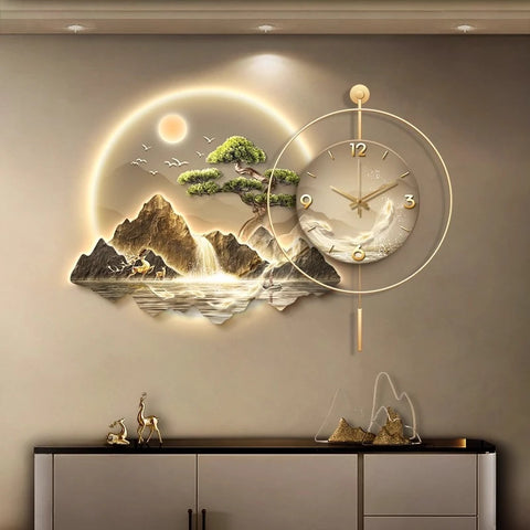 2026 New Model Landscape Murals Wall Clocks Fashion Nordic Living Room Digital Clock Villa Mute LED Wall Clock Home Decor