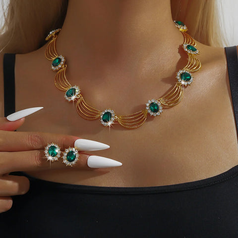 Women's Gold Plated Red Crystal Jewelry Set - Necklace and Earrings for Wedding Party Formal Event Prom Cocktail Accessories