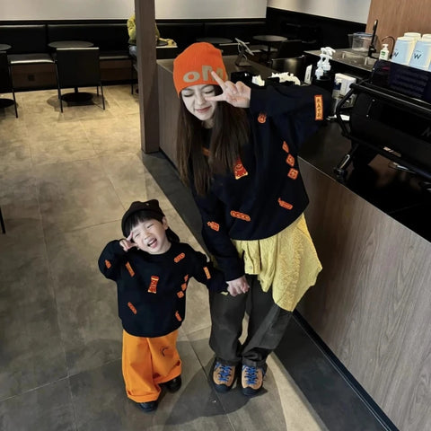 2026 Family Matching Hoodies for Mom and Kids Father and Son Plush Fleece with 3D Embroidery Round Neck Sweatshirts New Year