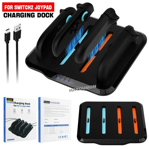 Charging Dock for Switch 2 Joycons Controllers 4-in-1 Charger Station Base Super Slim and Overcharge Protection w Charging Cable