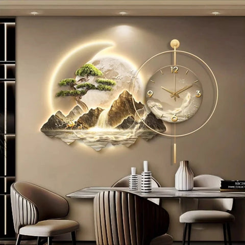 2026 New Model Landscape Murals Wall Clocks Fashion Nordic Living Room Digital Clock Villa Mute LED Wall Clock Home Decor