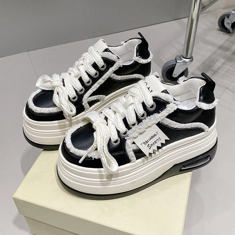 Fashion Chunky Sneakers Women Autumn Lace Up Platform Sports Shoes 8CM Thick Bottom High Heels Female Leather Sneakers Woman