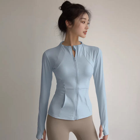 Women's Slim Fit Long Sleeve Sports Jacket Zip Fitness Yoga Workout Jacket Slim Tight Gym ActiveWear Top Running Jacket